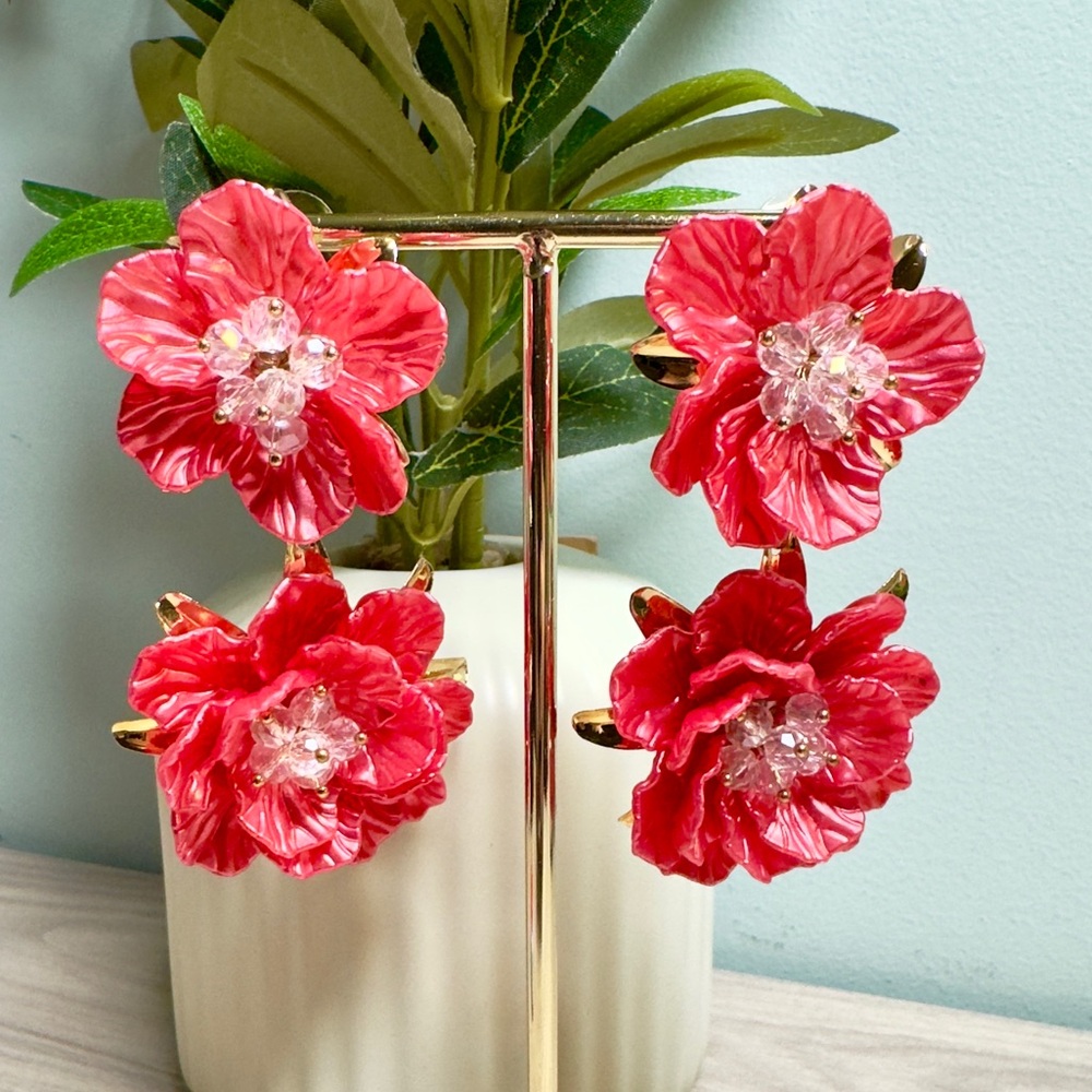 Red Floral Statement Drop Earrings